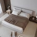 Modern Double Bed With Upholstered Headboard Neutral Bedspread Nightstand And Table Lamp On Area Rug