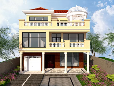 Detached Villa With Yellow Exterior Red Roof Dome And Double Garage White Columns Green Plants 3d model