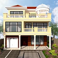Detached Villa With Yellow Exterior Red Roof Dome And Double Garage White Columns Green Plants