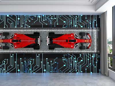 Black Blue Circuit Board Pattern Background Wall With Red Racing Cars On Track 3d model