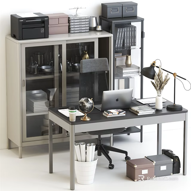 Modern Office Desk With Laptop Globe Lamp Books And Storage Cabinet 3d model 
