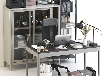 Modern Office Desk With Laptop Globe Lamp Books And Storage Cabinet 3d model