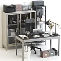 Modern Office Desk With Laptop Globe Lamp Books And Storage Cabinet