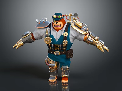 Steampunk Bear Character Wearing Mechanical Armor With Gears Blue Outfit And Badge Decorations 3d model