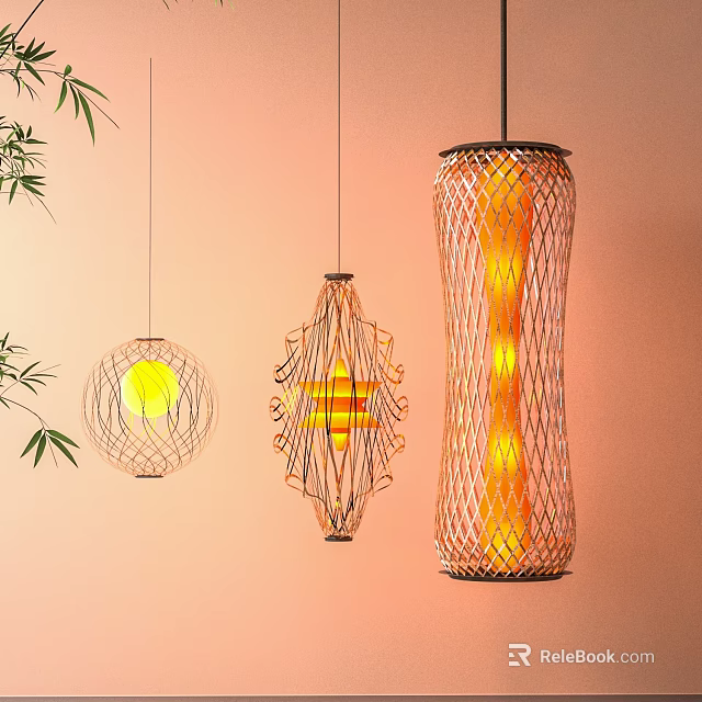 Natural Woven Pendant Lights With Warm Yellow Glow And Bamboo Leaves Interior 3d model 