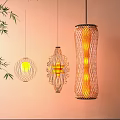 Natural Woven Pendant Lights With Warm Yellow Glow And Bamboo Leaves Interior