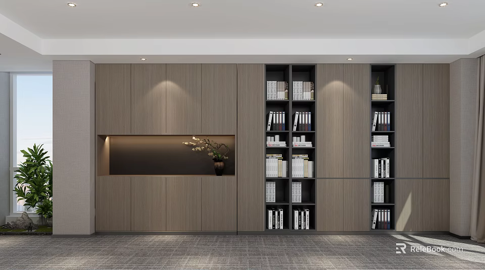 Modern Wooden Bookcase Featuring Multiple Shelves Books Decorative Items Built-in Display Niche And Potted Plant 3d model 