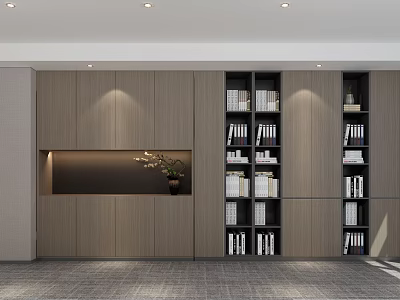 Modern Wooden Bookcase Featuring Multiple Shelves Books Decorative Items Built-in Display Niche And Potted Plant 3d model
