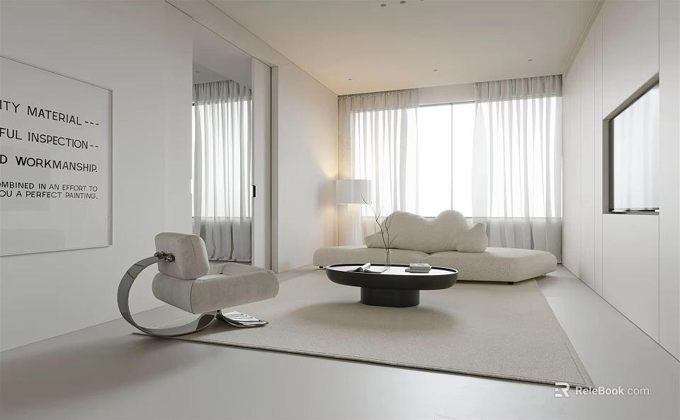 Modern Living Dining Room Interior With White Sofa Coffee Table And Curtains 3d model 
