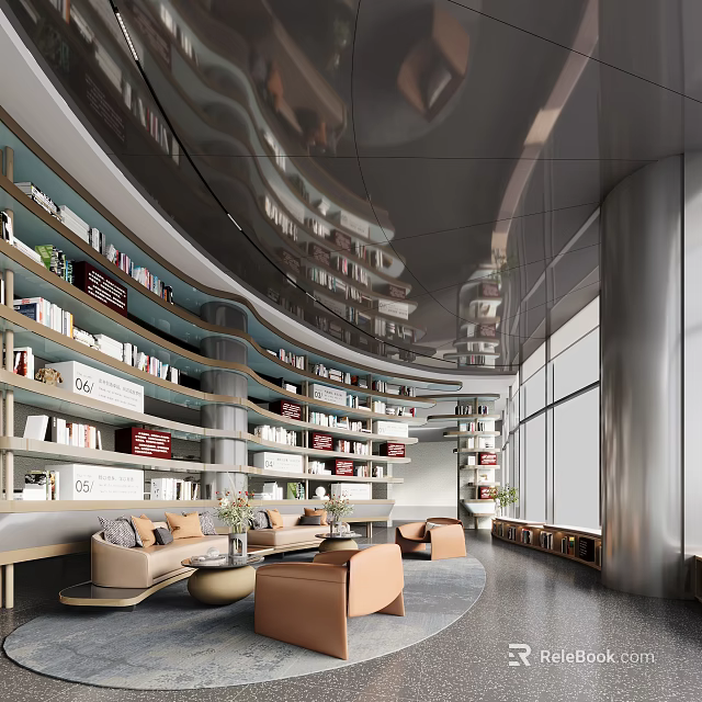 Modern Book Art Library Interior With Curved Shelves Sofas Plants 3d model 