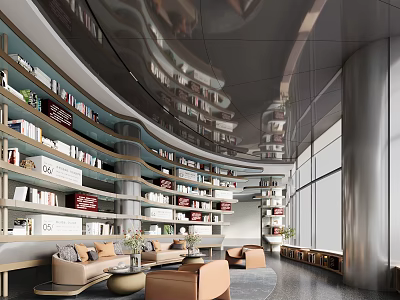 Modern Book Art Library Interior With Curved Shelves Sofas Plants 3d model