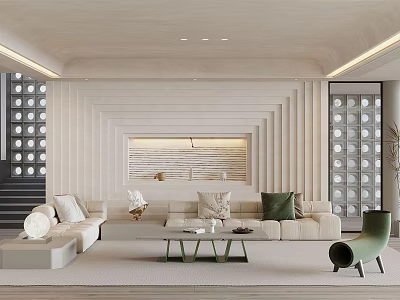 Modern Living Room Interior Design With Cream Sofa Green Chair And Vertical Stripe Wall 3d model