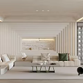 Modern Living Room Interior Design With Cream Sofa Green Chair And Vertical Stripe Wall