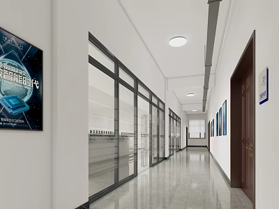 Modern Office Hallway With Glass Partitions White Walls Brown Doors Blue Posters And Lighting 3d model