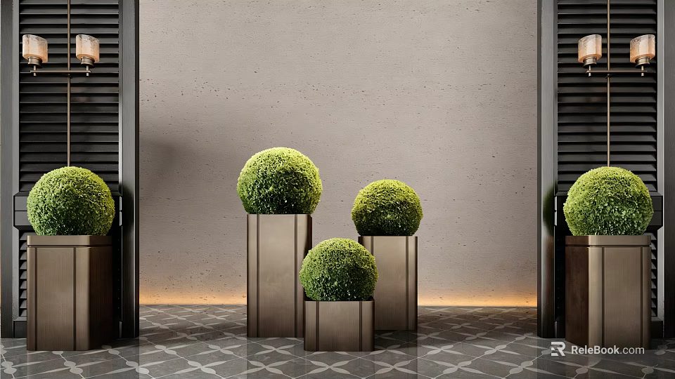 Round Moss Balls on Metal Stands in Modern Interior Decor Setup 3d model 
