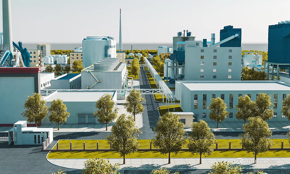 Modern Industrial Factory Complex With Multiple Buildings Chimney Road And Green Trees 3d model 