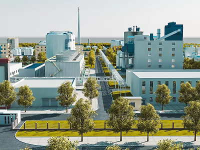 Modern Industrial Factory Complex With Multiple Buildings Chimney Road And Green Trees 3d model