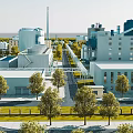 Modern Industrial Factory Complex With Multiple Buildings Chimney Road And Green Trees