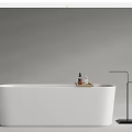 Sleek Modern Freestanding White Bathtub With Metal Faucet Wooden Tray Bath Products And Towel Stand