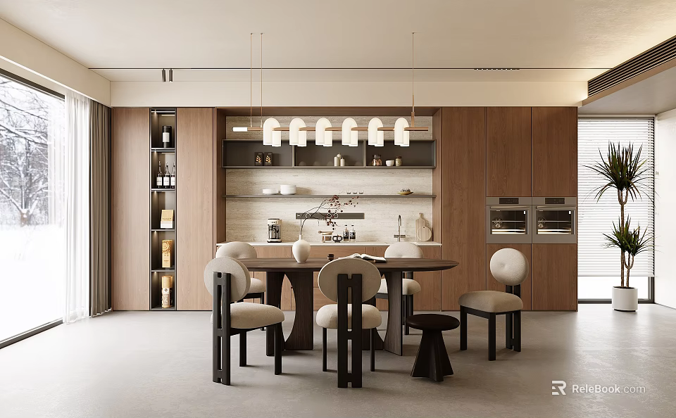 Modern Restaurant Interior With Round Dining Table Chairs Wooden Cabinets Hanging Lights And Decorative Plants 3d model 