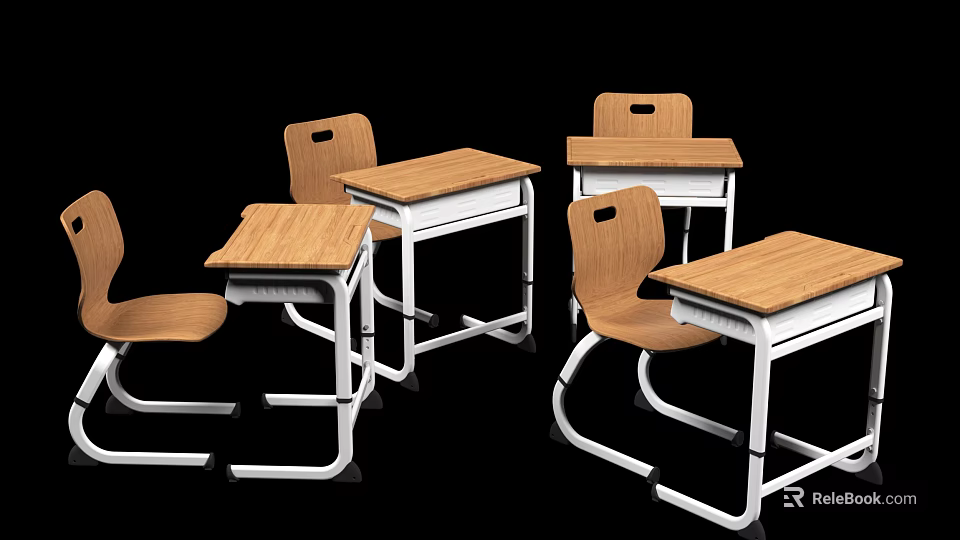 Wooden Top Student Desks With White Metal Frames And Matching Chairs 3d model 