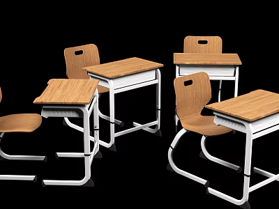 Wooden Top Student Desks With White Metal Frames And Matching Chairs 3d model