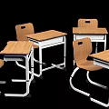 Wooden Top Student Desks With White Metal Frames And Matching Chairs