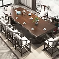 Chinese Style Tea Table and Chairs with Mountain Painting Backdrop and Tea Sets
