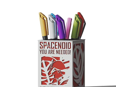 Colored Pens in SPACENDID Box with Various Vibrant Colors and Stationery Design 3d model