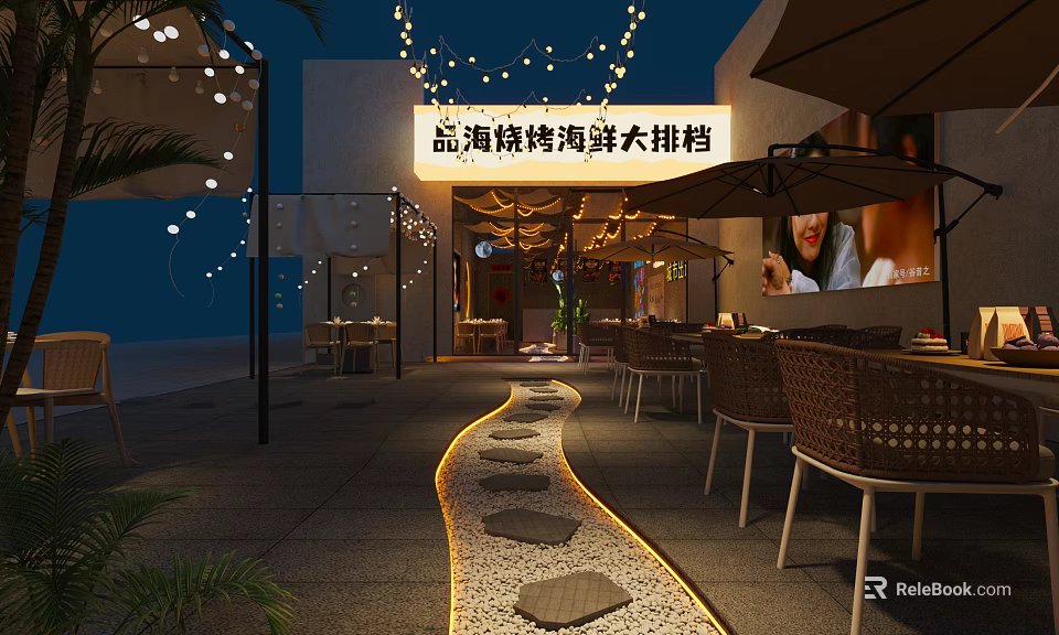 Cozy Night Seafood Barbecue Restaurant With Warm String Lights And Comfortable Outdoor Dining Spaces 3d model 