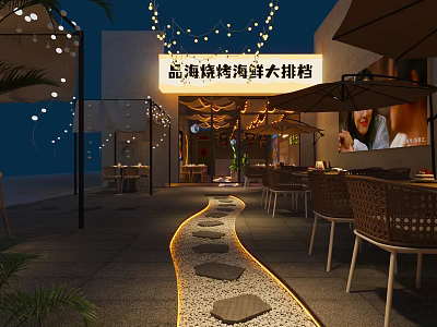 Cozy Night Seafood Barbecue Restaurant With Warm String Lights And Comfortable Outdoor Dining Spaces 3d model