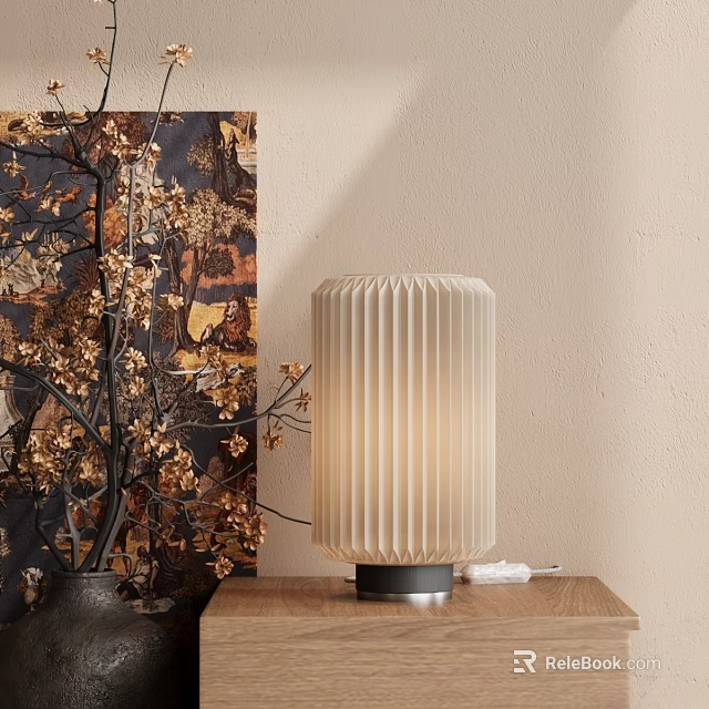 Pleated Table Lamp on Wooden Tabletop with Beige Wall and Golden Flower Branches 3d model 