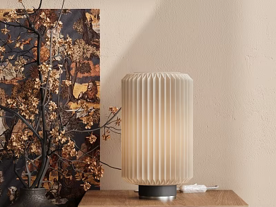 Pleated Table Lamp on Wooden Tabletop with Beige Wall and Golden Flower Branches 3d model