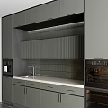 Gray Cabinets In Modern Kitchen Interior With Ribbed Backsplash Black Range Hood And Island