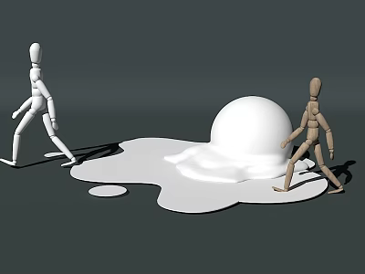 White and Brown Wooden Mannequins Walking Near Melting White Ice Cream on Gray Background 3d model