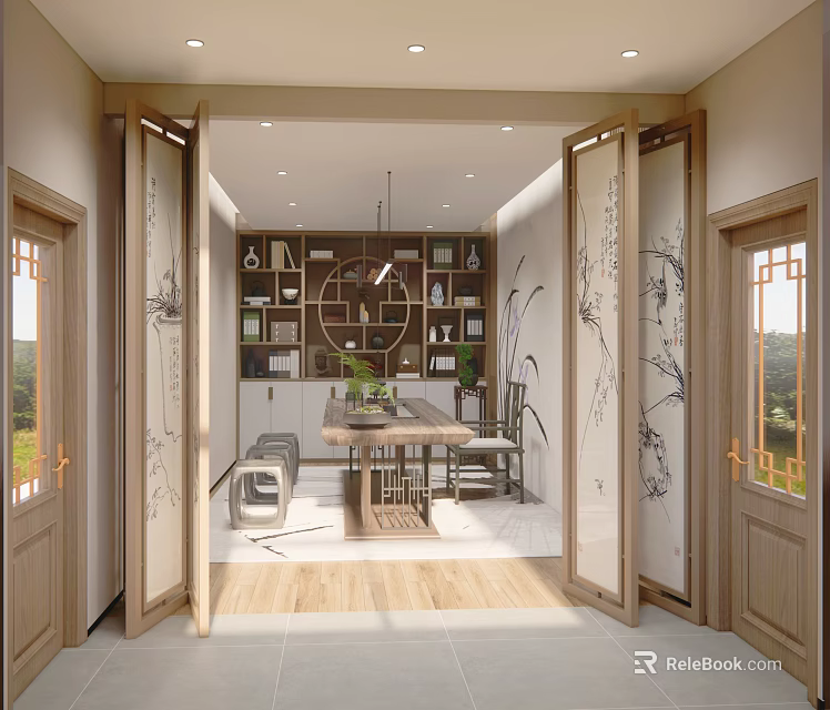 Traditional Tea Room Interior Design With Wooden Furniture Decorative Paintings Bookshelves And Hanging Lamp 3d model 