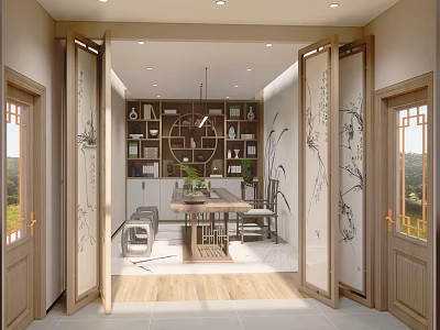 Traditional Tea Room Interior Design With Wooden Furniture Decorative Paintings Bookshelves And Hanging Lamp 3d model