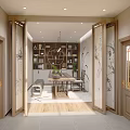 Traditional Tea Room Interior Design With Wooden Furniture Decorative Paintings Bookshelves And Hanging Lamp