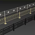 Decorative Black and Gold Metal Railings Featuring Geometric Patterns and Support Posts 3d model
