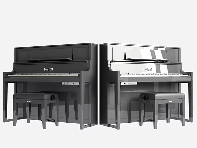 Two Black And White Upright Pianos With Matching Stools For Musical Use 3d model