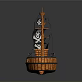 Vintage Pirate Ship As Water Transport With Orange Hull Black Skull Flags And Wooden Deck