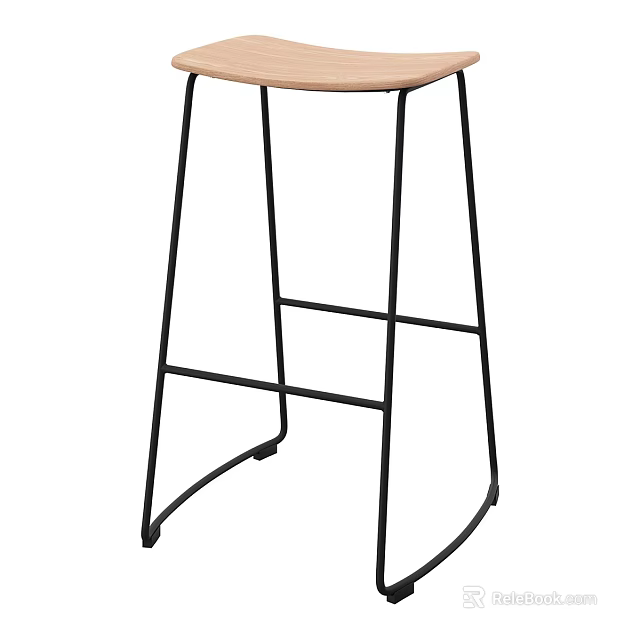 Modern Bar Stool With Wooden Seat And Black Metal Frame For Kitchen Bar 3d model 