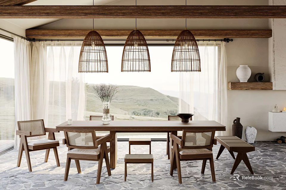 Cozy Restaurant Interior With Rattan Pendant Lights Mountain View And Wooden Dining Table 3d model 