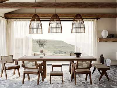 Cozy Restaurant Interior With Rattan Pendant Lights Mountain View And Wooden Dining Table 3d model