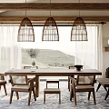 Cozy Restaurant Interior With Rattan Pendant Lights Mountain View And Wooden Dining Table