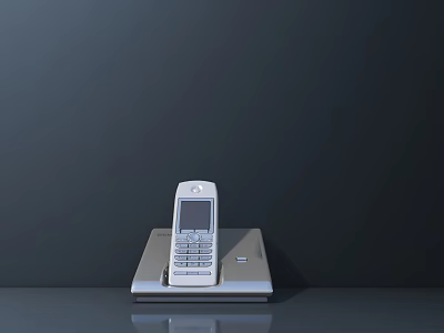 Industrial Communication Equipment White Telephone Set On Gray Base With Dark Background 3d model
