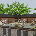 Artistic Courtyard With Wooden Buildings Trees Easels Canvases And Musical Notes