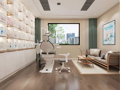 Modern Dental Clinic Interior With Dental Chair Display Shelves Sofa And City View 3d model