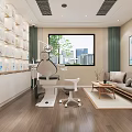 Modern Dental Clinic Interior With Dental Chair Display Shelves Sofa And City View