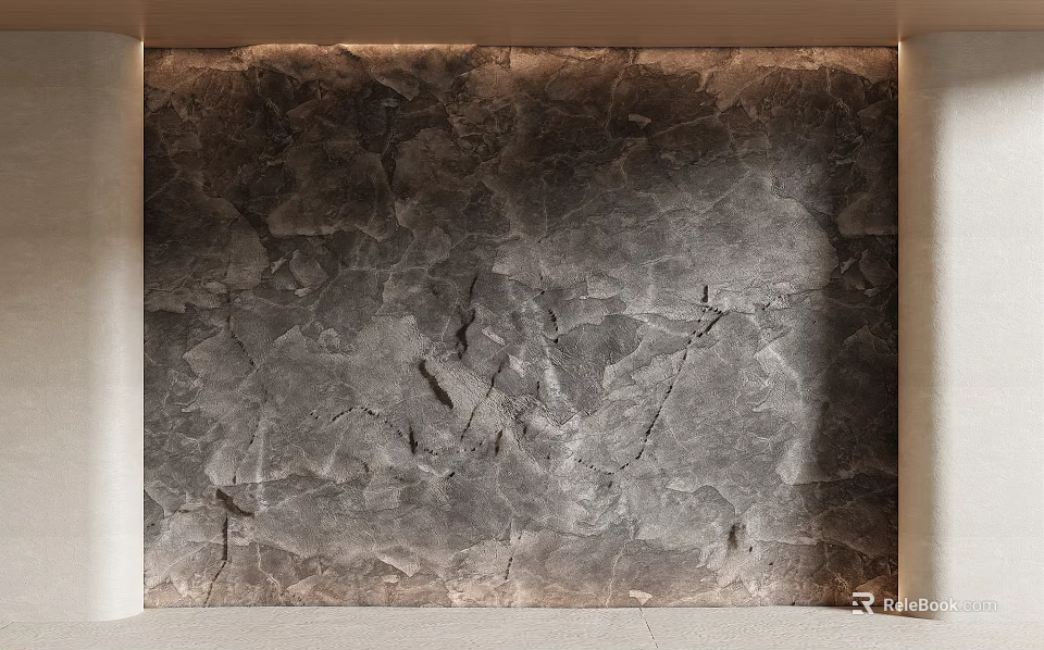 Gray Stone Feature Wall With Cracked Texture Recessed Lighting And Light Frame 3d model 